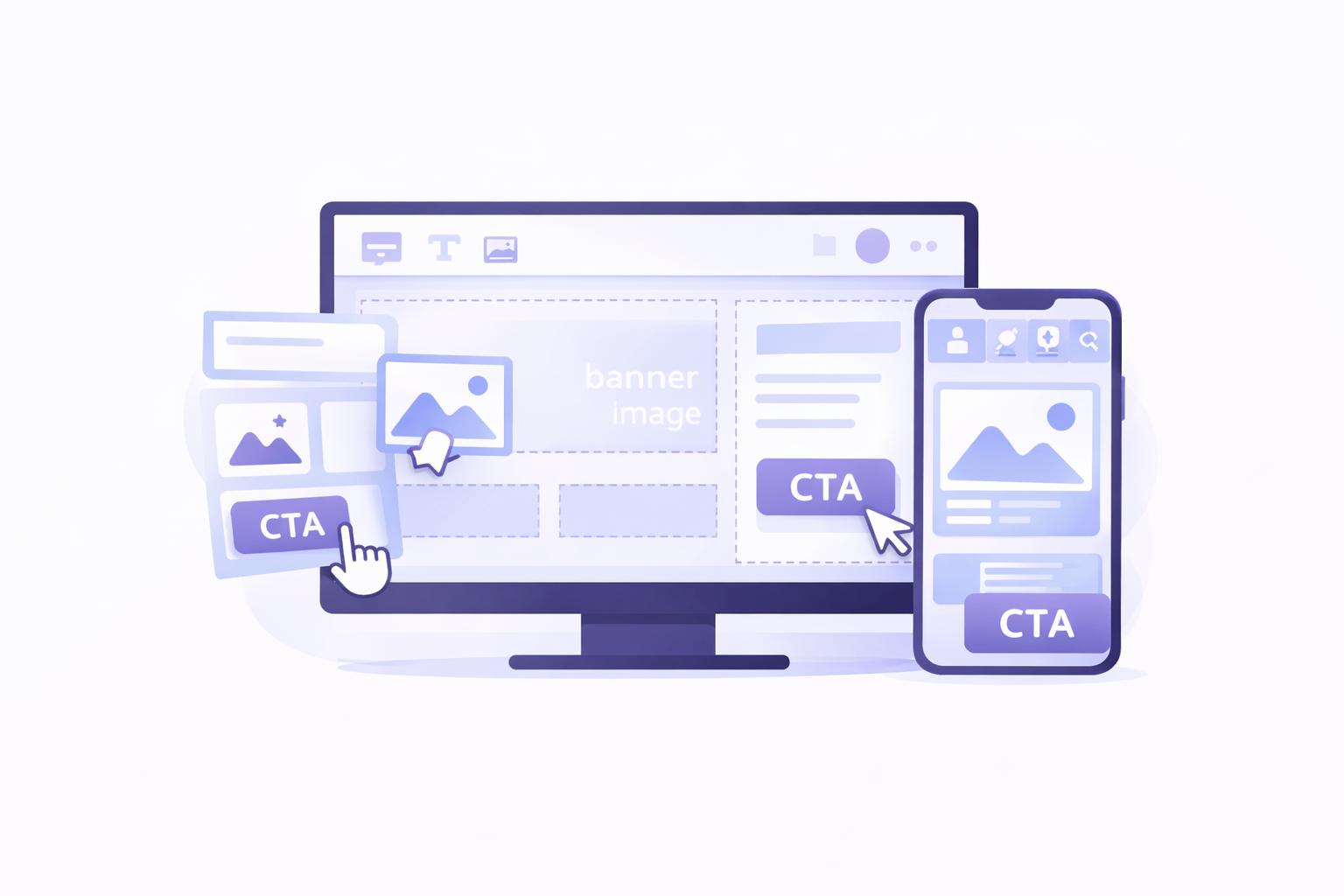 Website-Builder with desktop and mobile views, banner image placement, CTA buttons, and drag-and-drop functionality