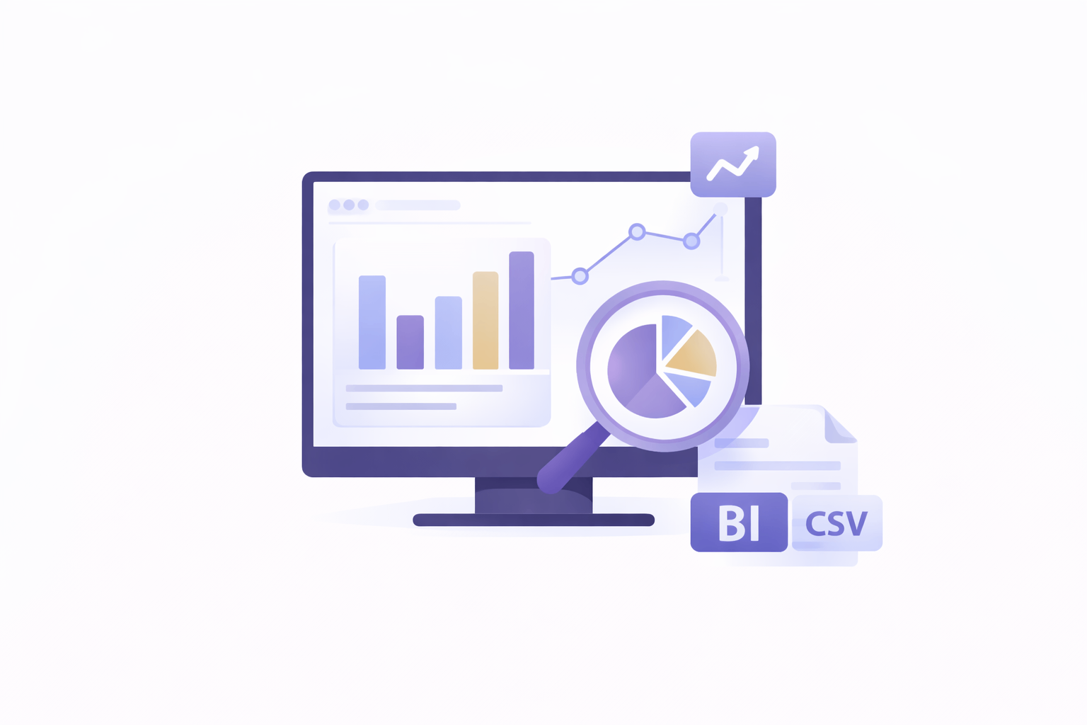 Analytics Dashboard with bar charts, line charts, pie charts, magnifying glass, growth arrow, and BI/CSV export functions